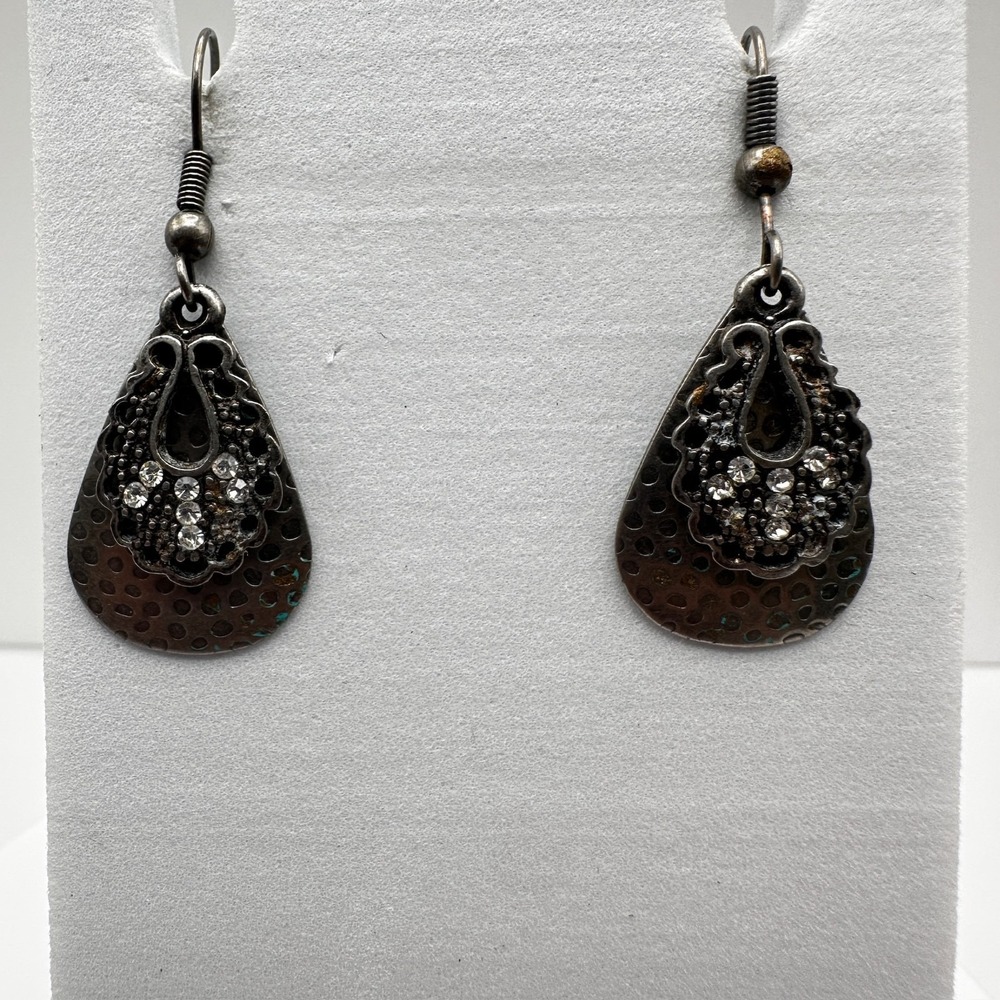 Vintage 90s Silver Tone Hammered Teardrop Earrings Rhinestone Dangle Women's